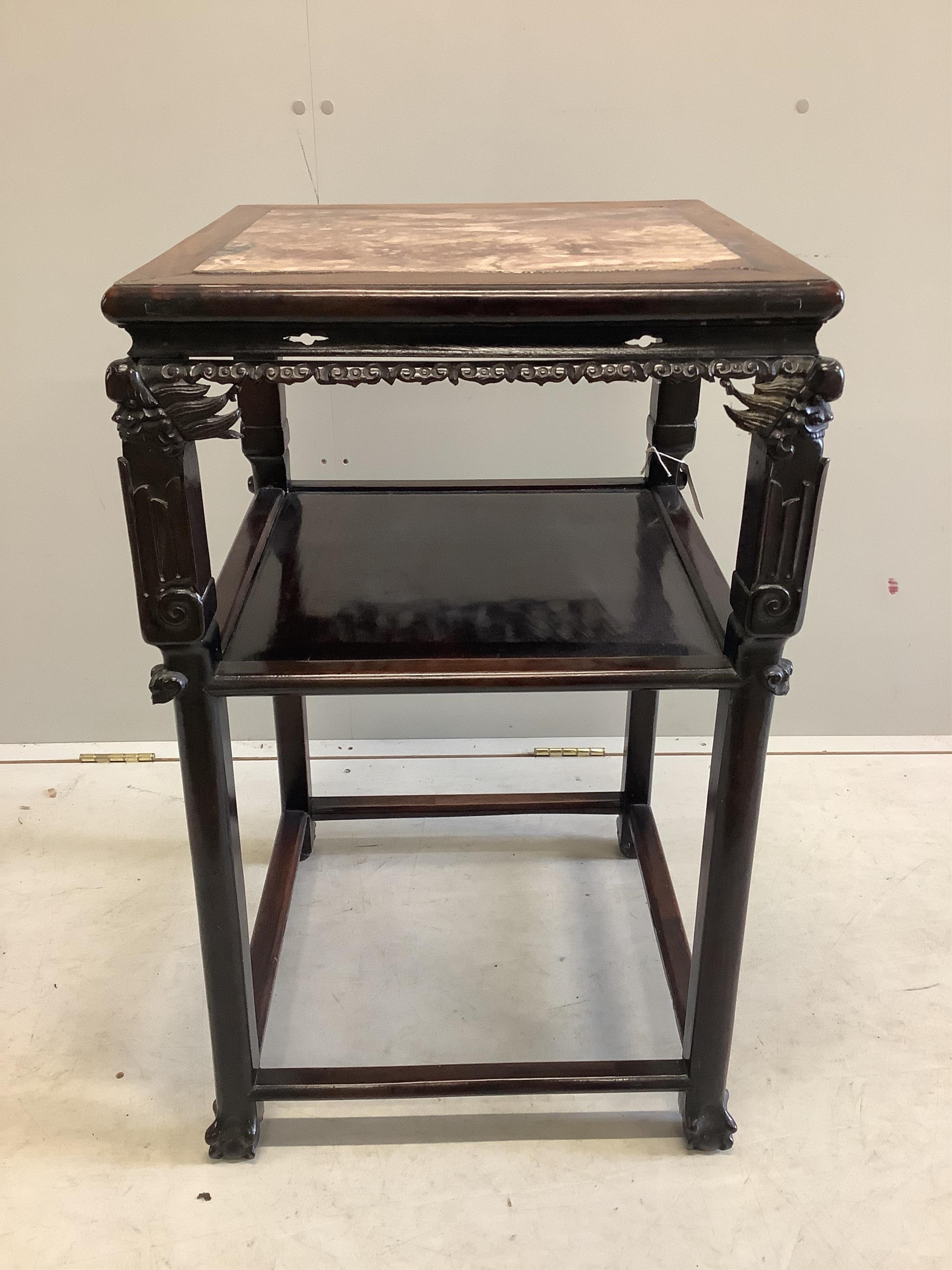 A Chinese hardwood two tier vase stand with inset marble top, width 49cm, depth 48cm, height 82cm. Condition - fair